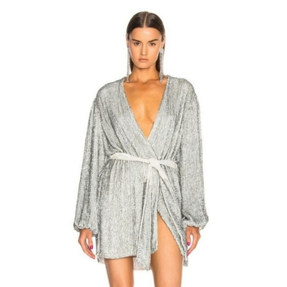 Retrofete Gabrielle Robe Sequin Dress in Silver Size Medium Belt Long Sleeve NWT - Picture 1 of 13
